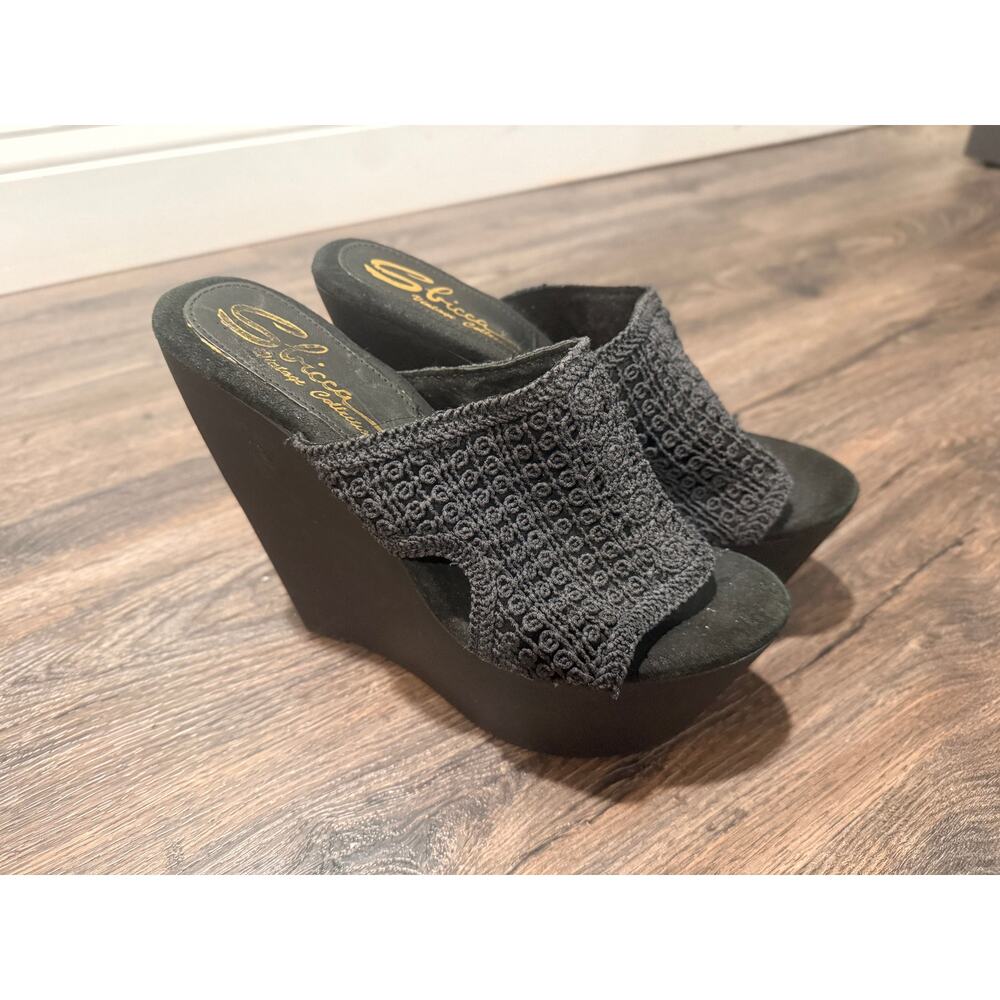 Sbicca Vintage Collection Black Crochet Wedge Platform Sandals – Size 9.5